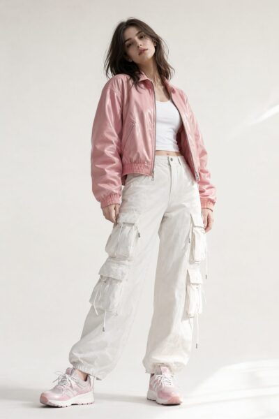 Pink Leather Jacket Over White Cargo Pants A woman wearing a pink leather bomber jacket over white cargo pants and pink sneakers in a studio setting.