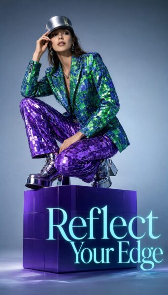 Mirror Tile Couture Pose A model in a green and purple mirror-tile suit crouches atop a matching cube against a blue-gray backdrop.