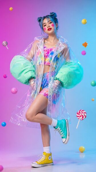 Glowing Candy Raincoat Pose A young woman in a transparent candy-colored raincoat poses dynamically amid floating lollipops and spheres against a pink-blue gradient backdrop.