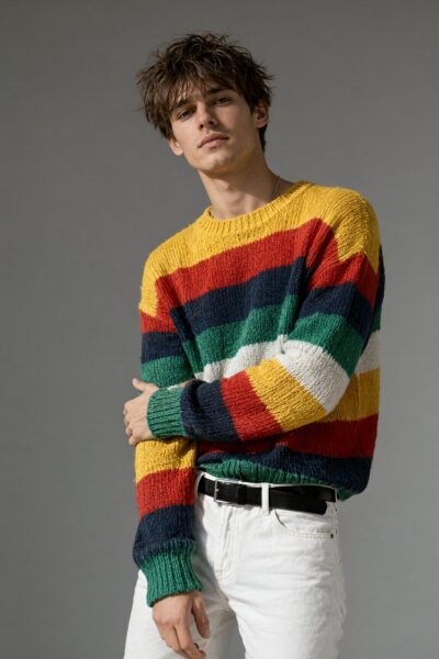 Confident Rainbow Striped Knit A young man confidently poses in a colorful rainbow-striped knit sweater against a gray studio backdrop.