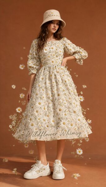 Daisy Dress Model In Soft Earth Tones Model wears a daisy-patterned dress and white sneakers against a warm terracotta backdrop with floating daisies.