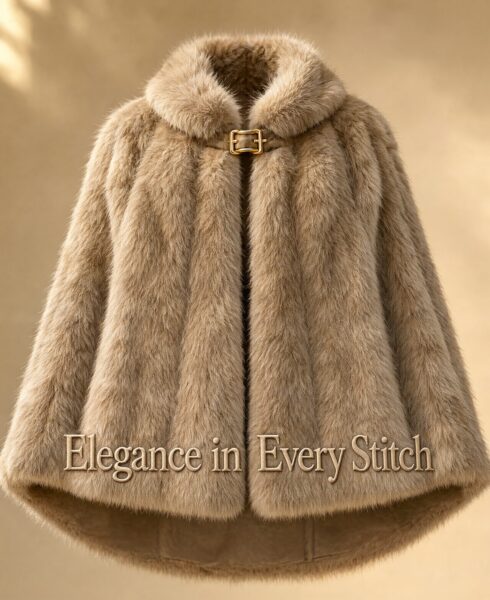 Luxurious Fur Cape With Gold Accent Luxurious beige fur cape with gold buckle, displayed against warm golden background.