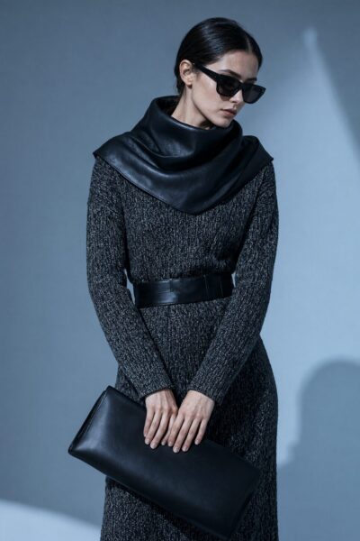 Futuristic Black Ensemble With Silver Accent A woman in a futuristic black ensemble with leather collar and belt, holding a black clutch against a cool-toned studio backdrop.