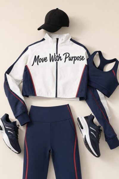 Athletic Ensemble With Navy Accents Athletic outfit featuring navy blue and white tracksuit with red accents, paired with sneakers and a black cap.