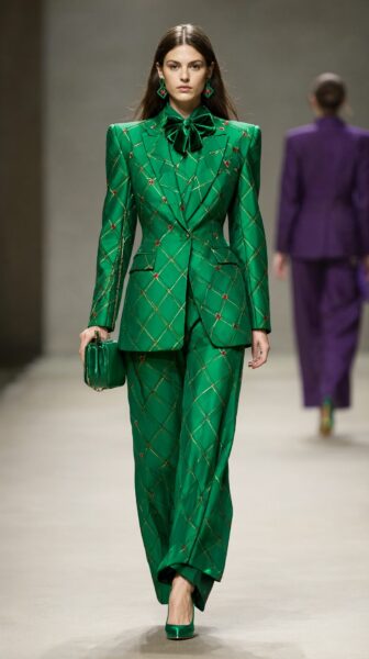 Confident Model In Emerald Grid Suit Confident model walks runway in emerald green grid-patterned suit with velvet bow tie and matching heels.