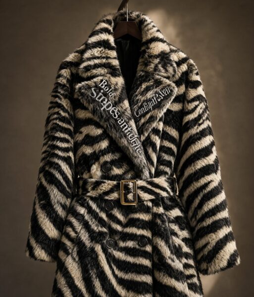 Zebra Print Fur Coat With Belt Zebra print fur coat with belt, featuring bold stripes and confident style slogan on collar lining, displayed against warm-toned backdrop.