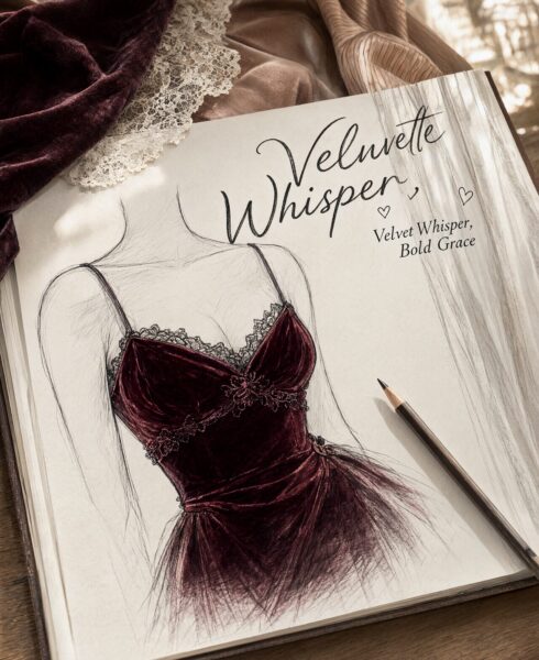 Brunette&Amp;#8217;S Velvet Leopard Bodice A hand-drawn sketch of a burgundy velvet bodice with lace trim, displayed in an open notebook beside fabric swatches and a pencil.