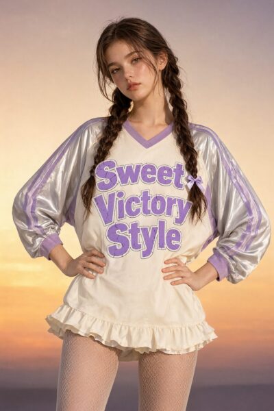 Pink And Silver Sporty Lolita A young woman wears a silver and lavender sporty blouse with 'sweet victory style' text, paired with a frilly skirt against a sunset backdrop.