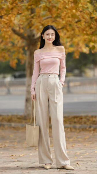 Soft Pink Off-Shoulder Elegance A woman in a soft pink off-shoulder top and beige wide-leg pants stands outdoors under golden autumn trees, holding a beige tote bag.