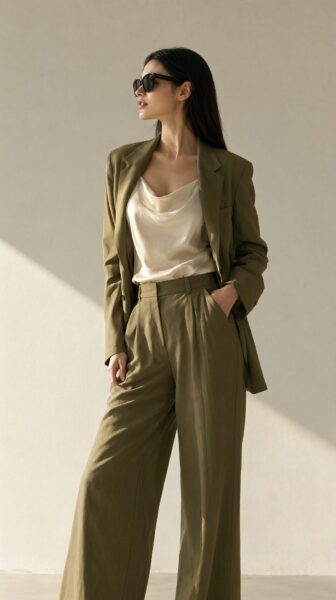 Serene Olive Power Suit Silhouette A woman in an olive green power suit with wide-leg trousers and a cream satin top, standing in soft sunlight against a neutral wall.
