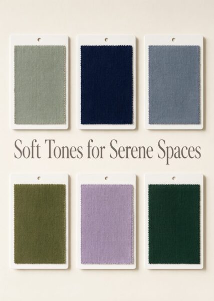 Six Fabric Swatches Displayed Neatly Six fabric swatches in muted greens, blues, purples, and grays displayed on white cards against a beige background.