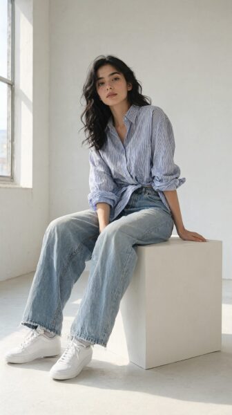 Casual Cool In Soft Blue A woman sits casually on a white block wearing a blue striped button-down, wide-leg jeans, and white sneakers in a bright studio space.