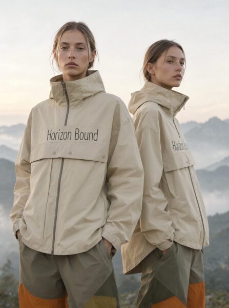 Two Models In Minimalist Mountain Gear Two models wear beige minimalist jackets with "horizon bound" on chest pockets, standing in misty mountain landscape.
