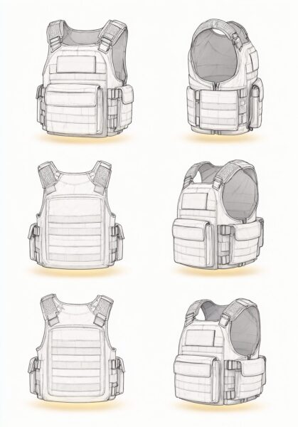 Technical Vest Design Sketches Technical vest design sketches showing front, back, and side views with pockets and straps.