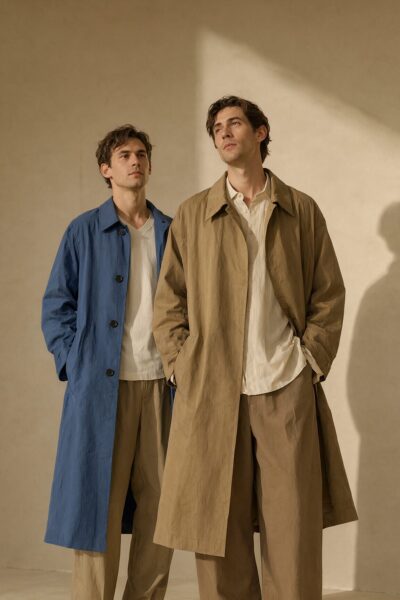 Two Men In Earth-Toned Coats Two men stand side by side wearing long beige and blue trench coats over white shirts against a softly lit beige wall.