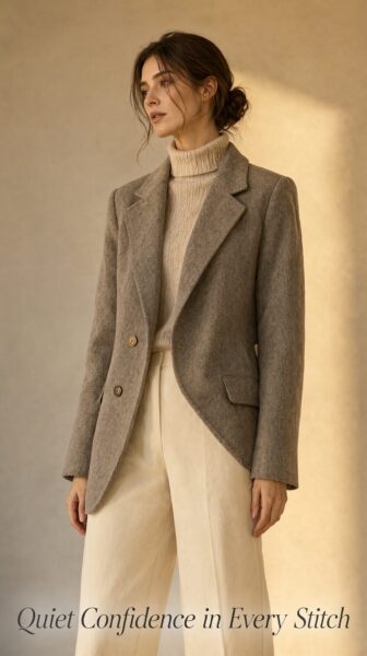 Elegant Wool Jacket In Soft Taupe A woman wears an elegant taupe wool jacket over a cream turtleneck, standing in warm, soft-lit studio space.