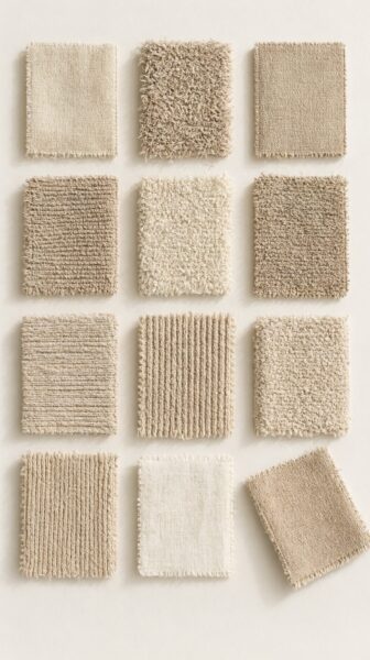Neutral Textured Fabric Swatches Grid Grid of neutral-toned textured fabric swatches in beige, cream, and off-white hues displayed against a light background.