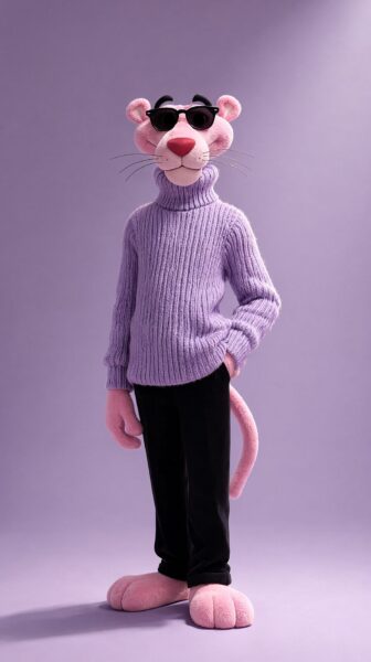Pink Panther In Lavender Turtleneck Pink panther wearing a lavender ribbed turtleneck sweater and black pants against a purple background.