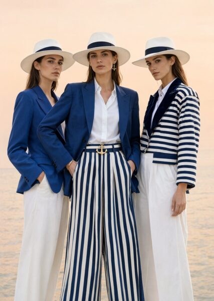Nautical Chic Trio In Coastal Light Three women in navy blue and white nautical outfits pose confidently on a sandy beach under warm coastal light.