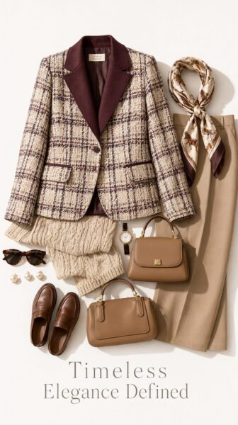 Elegant Tweed Blazer Outfit An elegant tweed blazer outfit with beige knit sweater, camel trousers, brown loafers, and accessories arranged flat against a neutral background.