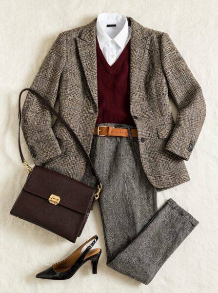 Elegant Houndstooth Ensemble Elegant houndstooth blazer over burgundy sweater and white shirt, paired with grey trousers, brown belt, and black heels.