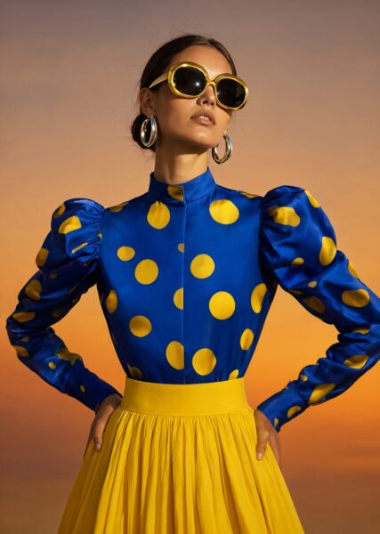Bold Blue Polka Dot Couture A model in a vibrant blue polka-dot blouse with puffy sleeves and a yellow pleated skirt, wearing gold-framed sunglasses against an orange sunset.