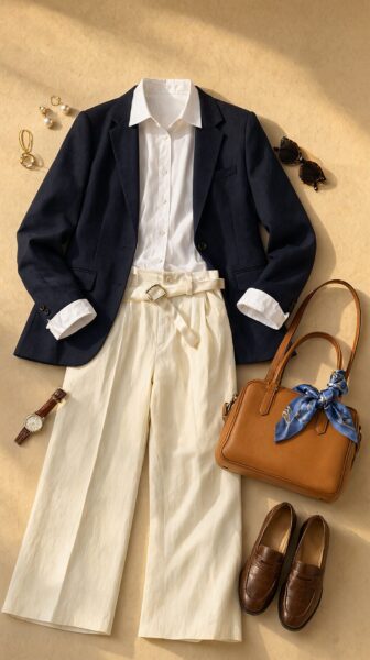 Elegant Navy Blazer Ensemble Elegant navy blazer outfit with white shirt, cream wide-leg pants, brown loafers, and tan handbag on warm-toned surface.
