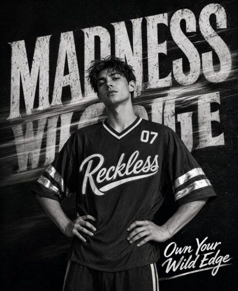 Reckless Youth In Monochrome Jersey A young man in a black monochrome sports jersey stands confidently against a gritty wall backdrop with bold text.
