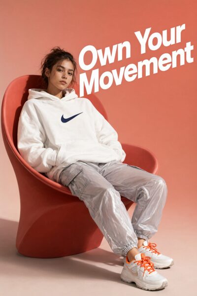 Confident Pose In Modern Sportswear A confident woman sits relaxed in a modern red chair wearing white hoodie and shiny silver pants, showcasing nike sneakers against a coral backdrop.
