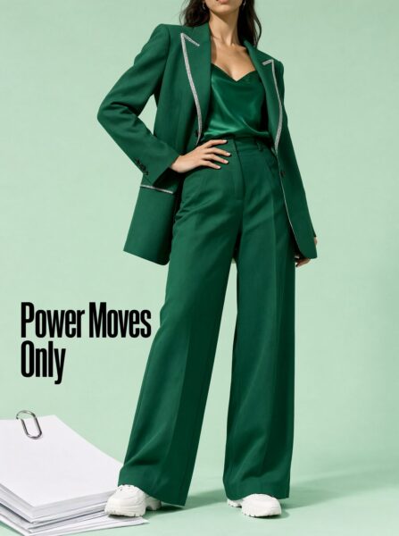 Confident Green Power Suit Confident woman in emerald green power suit with white sneakers, standing against a light green background.