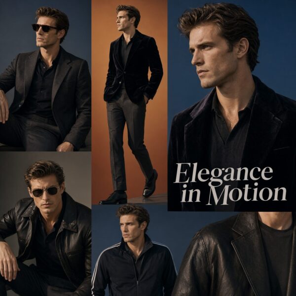 Confident Man In Modern Menswear Confident man wearing dark velvet blazer and black shirt against rich colored backgrounds, showcasing modern menswear collection.