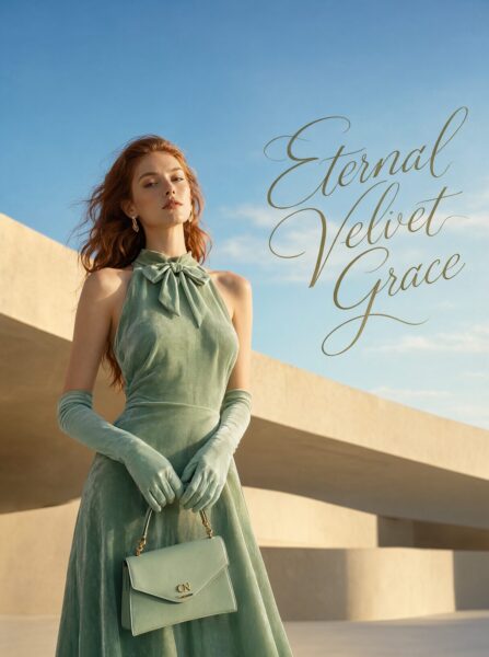 Velvet Elegance Under Azure Skies A woman in a flowing green velvet gown and matching gloves holds a small handbag under a clear blue sky near modern architectural curves.