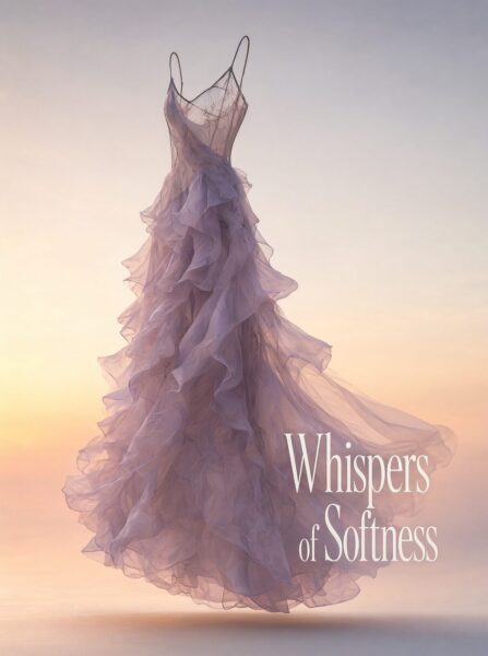 Floating Ethereal Pink Ruffle Gown A floating lavender ruffled gown against a soft sunset sky, evoking elegance and lightness.