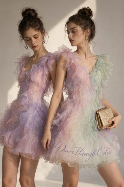 Two Models In Layered Ruffled Dresses Two models wear layered pastel ruffled dresses under soft side lighting, one holding a gold clutch.