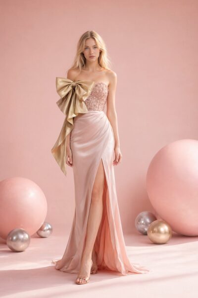 Elegant Pink Satin Gown With Bow A woman in an elegant pink satin evening gown featuring a large golden bow at the shoulder, standing among pastel spheres in a soft pink studio setting.