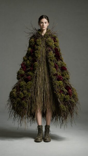Forest Guardian In Moss-Adorned Robe A model wears an elaborate forest-themed robe adorned with moss and twigs, standing against a neutral gray background.