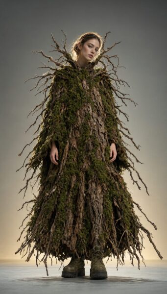 Forest Queen In Moss-Covered Mantle A woman wears an elaborate moss-covered cloak made from tree branches, standing against a gradient studio background.
