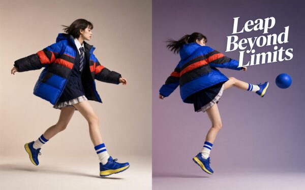 Dynamic Schoolgirl In Motion Dynamic schoolgirl in blue puffer jacket and sneakers kicks a ball mid-air against a purple gradient background.
