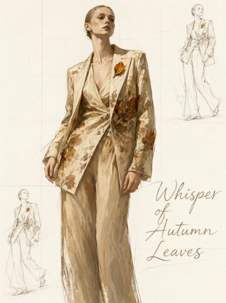 Elegant Asymmetrical Wrap Ensemble A woman wears an elegant autumn-themed wrap suit with leaf patterns, standing against a sketched background with soft beige tones.