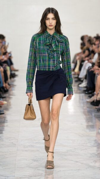 Model Walks Runway In Plaid Blouse Model walks down marble runway wearing green plaid shirt with ruffled bow and navy asymmetrical mini skirt.