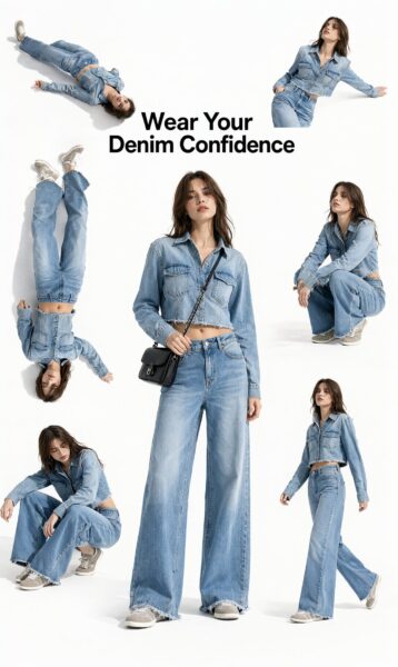 Denim Ensemble Styled Collage A woman models a light blue denim outfit including a cropped shirt and wide-leg jeans in various poses against a white background.