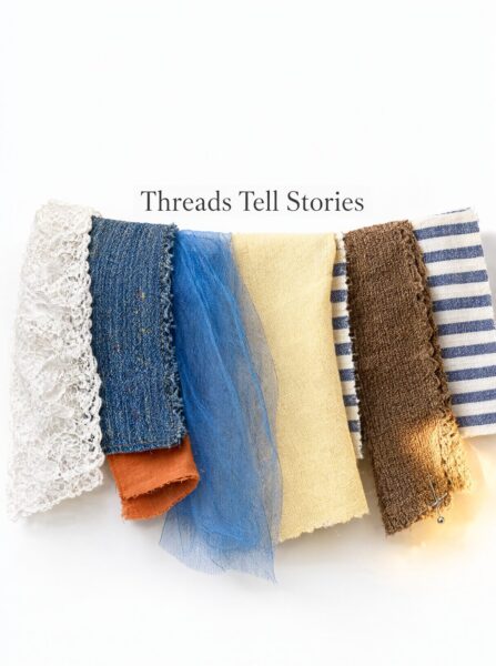 Stitched Swatch Display A curated display of seven diverse textile swatches pinned together, showcasing lace, denim, tulle, linen, and striped fabrics in soft blues, yellows, browns, and cream tones against a white background.