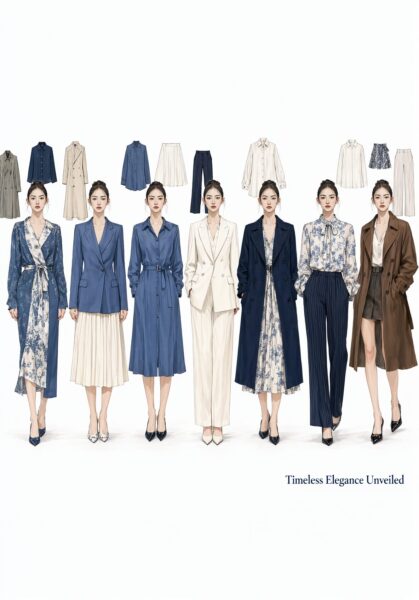 Elegant Blue &Amp;Amp; Cream Ensemble Seven women model elegant blue and cream outfits including blazers, dresses, coats, and pants against a clean white background.