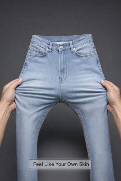 Hands Stretching Lightweight Denim Hands stretching light blue denim jeans against a dark gray background, emphasizing fabric flexibility and comfort.