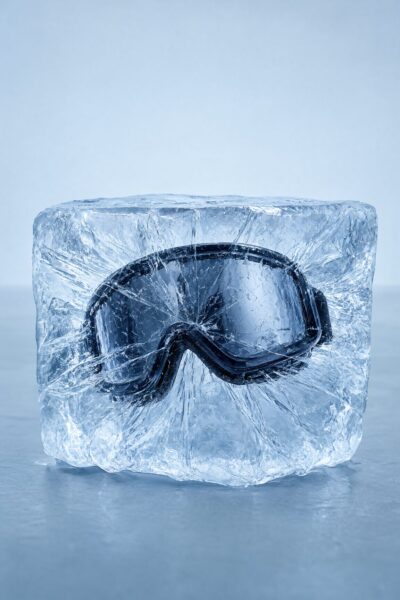 Frozen Goggles In Crystalline Block Black-framed ski goggles frozen solidly within a translucent ice cube on a cool-toned surface.