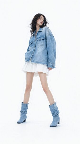 Denim Jacket And Boots Styled Portrait A woman wears an oversized light-blue denim jacket over a white ruffled mini dress and matching denim boots, posing full-length against a minimalist white background.