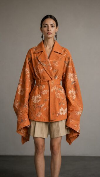 Elegant Floral Coat With Asymmetrical Hem Model wears an orange floral coat with asymmetric hem and belt, paired with beige pleated shorts against a neutral studio backdrop.