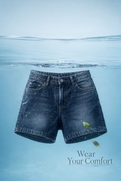 Denim Shorts Floating Serenely Underwater Dark denim shorts float serenely underwater, surrounded by bubbles and floating leaves against a soft blue gradient.