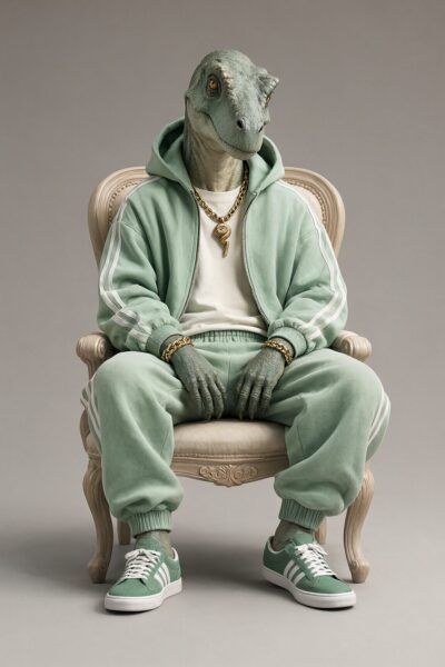 Mint Green Dino In Lounge Chair Mint green dino wearing tracksuit and sneakers sits confidently in an ornate beige chair, accessorized with gold chains.