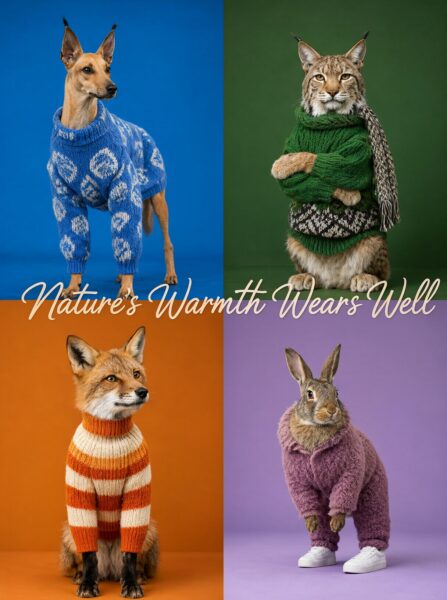 Four Wild Creatures In Cozy Knits Four wild animals—a dog, lynx, fox, and hare—in cozy knitted outfits against colorful solid backgrounds.